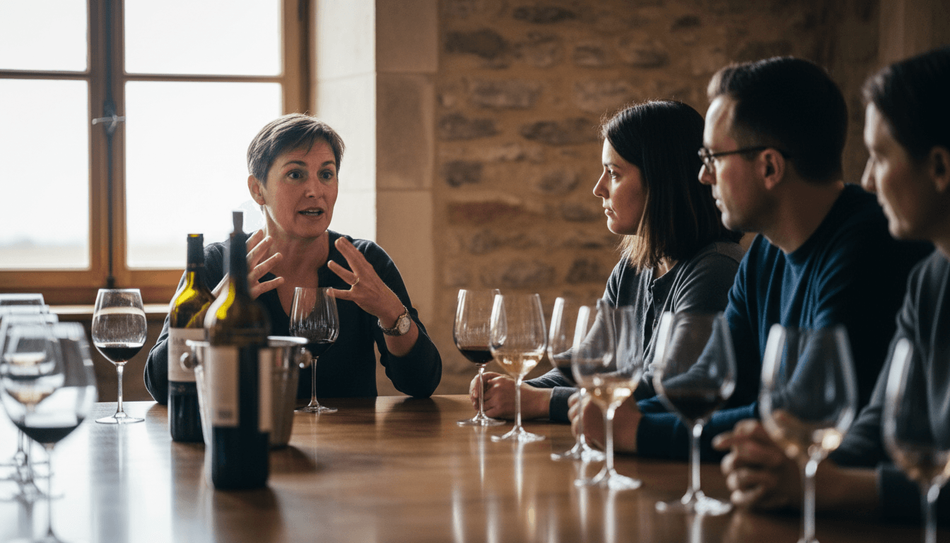 Expert wine educator discussing wine knowledge with clients