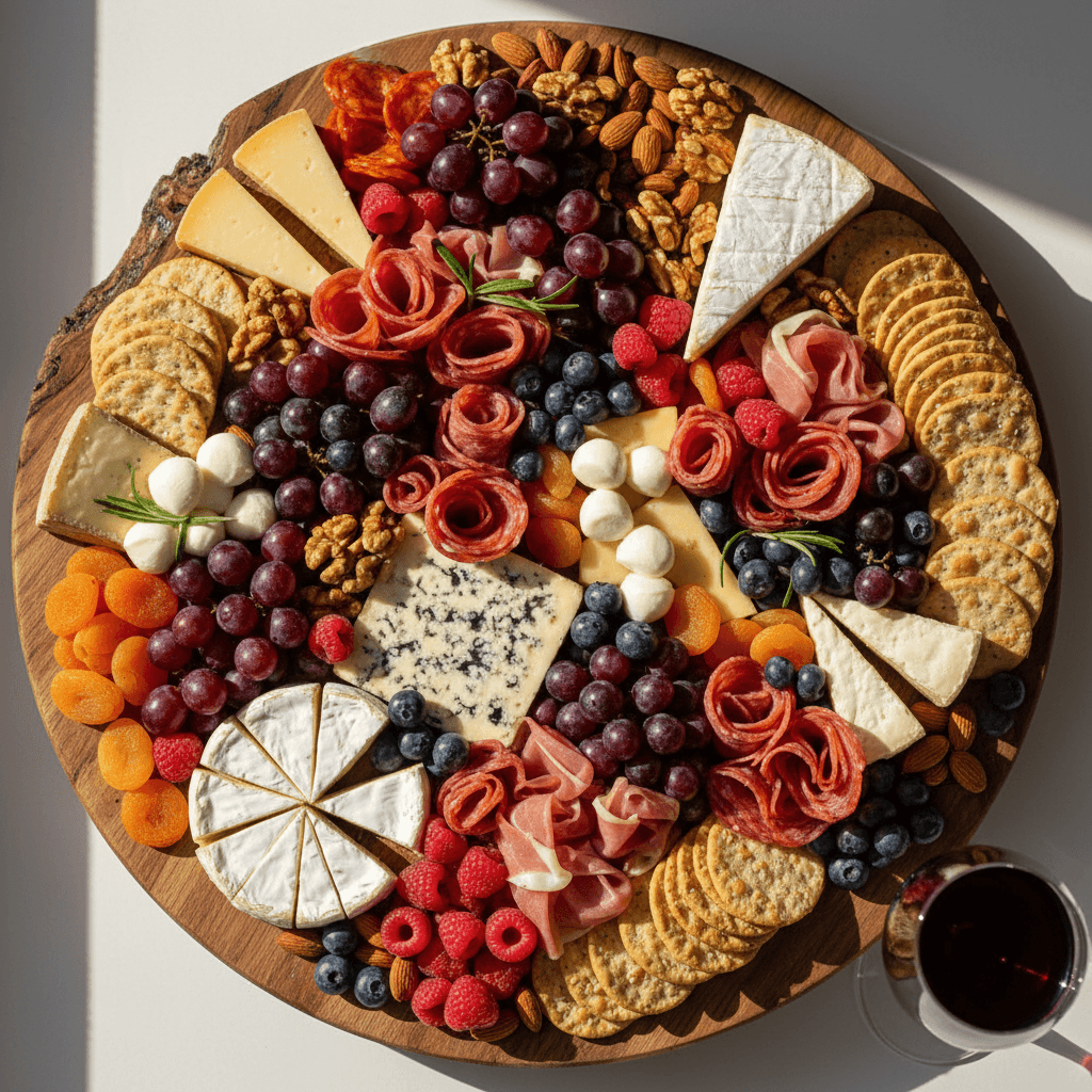 Artisanal charcuterie board with cheeses, meats, and fresh fruits for wine pairing