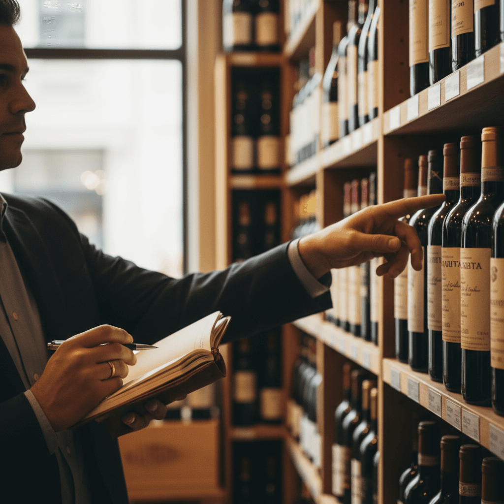 Garrett helping a client select wine bottles in a wine shop