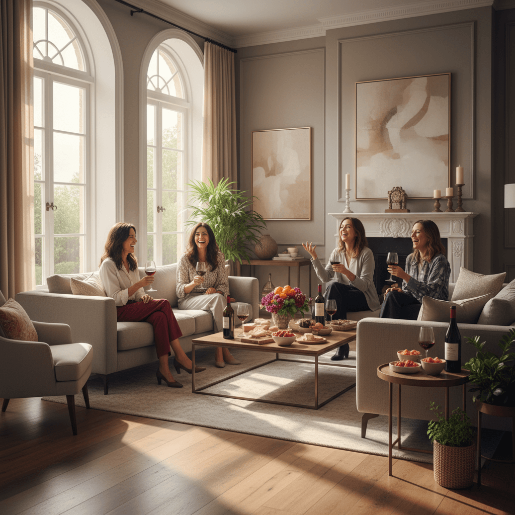 Group of women enjoying wine and laughter at a bachelorette gathering