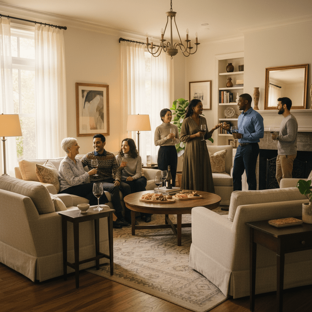 Diverse group of guests mingling and enjoying wine at a home tasting