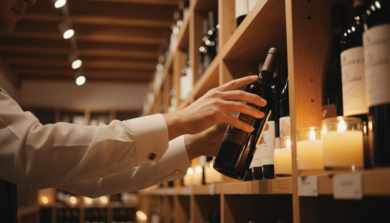 Wine expert selecting bottles in person at a shop