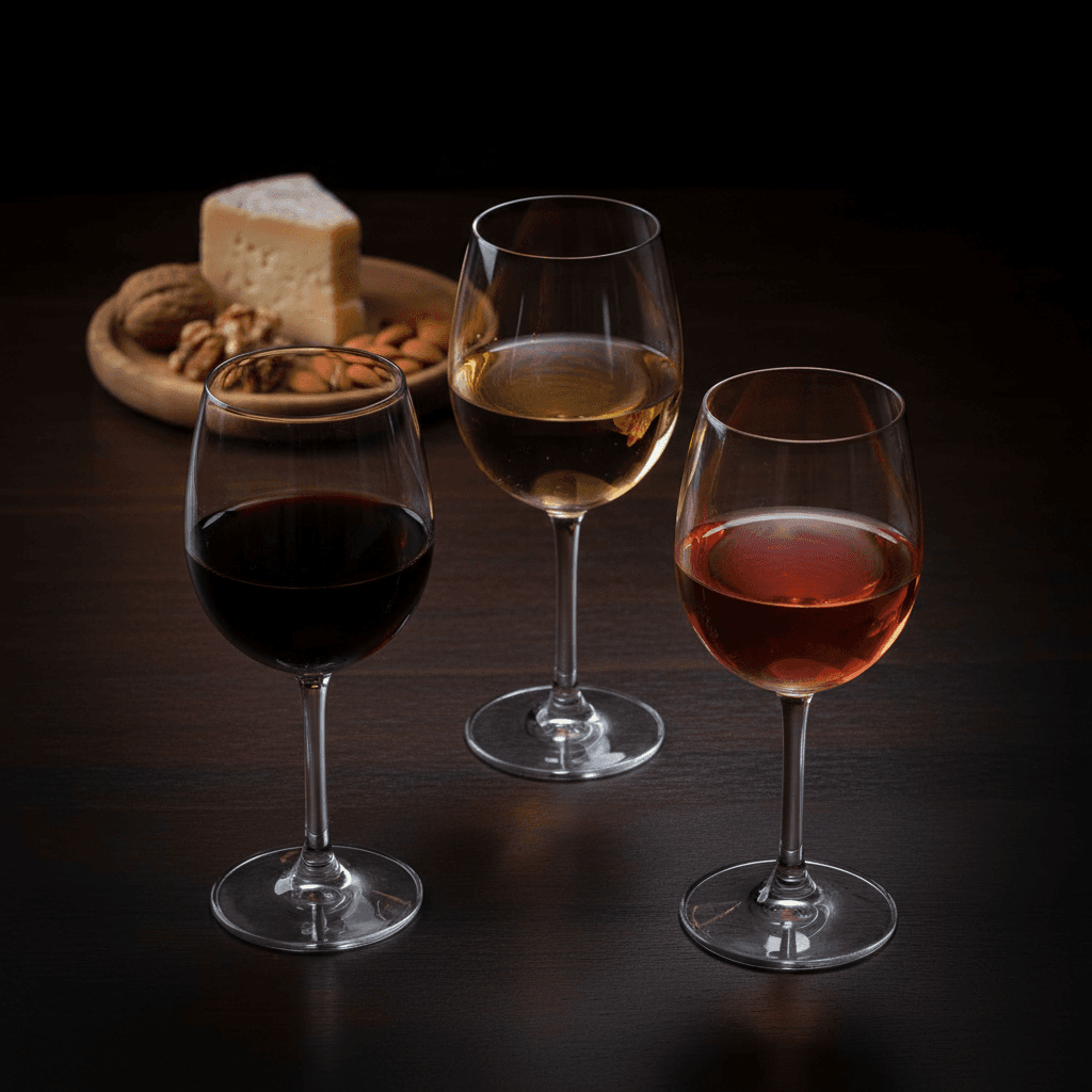 Three wine glasses showcasing red, white, and rosé wines