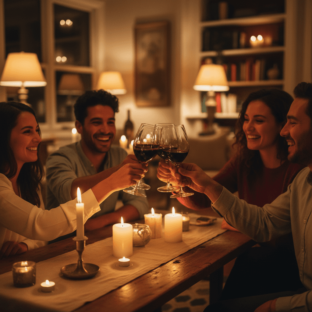 Group toasting with wine glasses at a birthday celebration